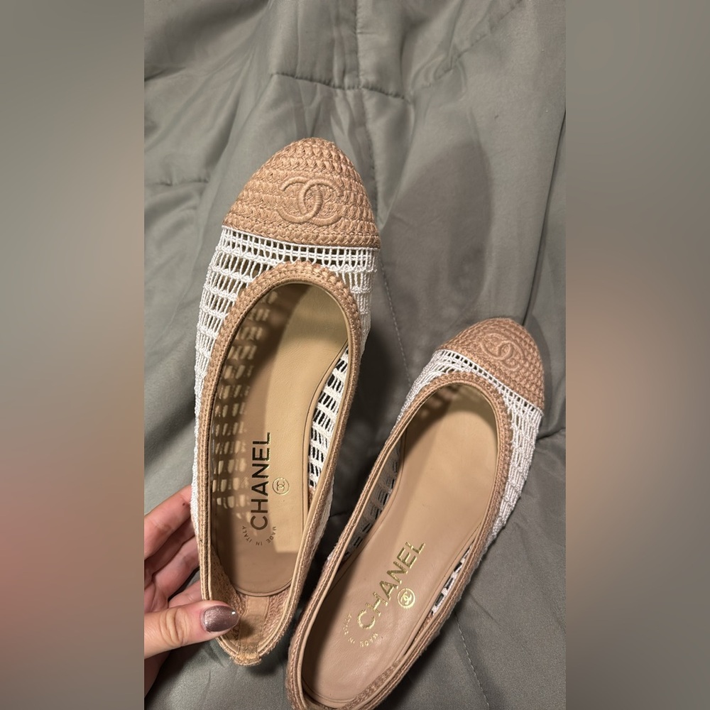 CHANEL Beige and White Espadrille Flats